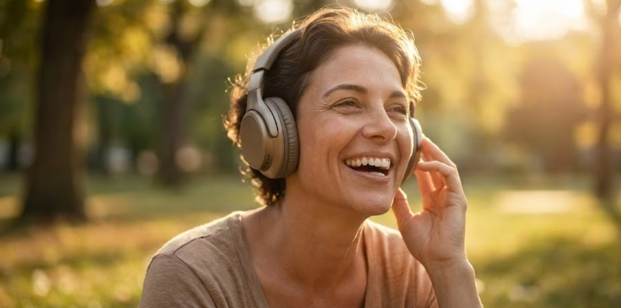 Woman smiling while wearing headphones